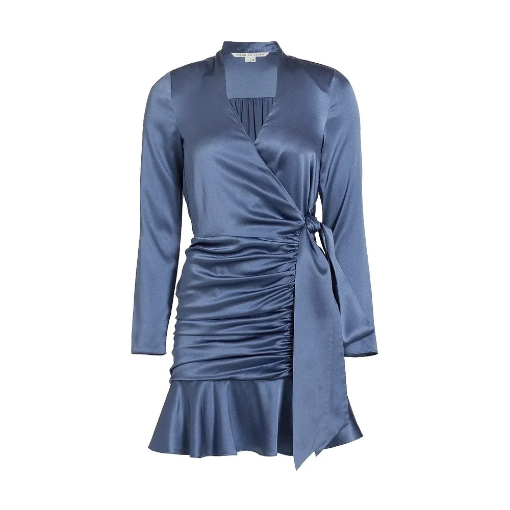 Veronica Beard Agatha Silk Wrap Dress Sz 8 Blue Satin Ruffle Mini - Picture 4 of 16